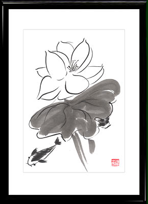 Sumi-e Tuschmalerei Die Lotusblume und die Fisch